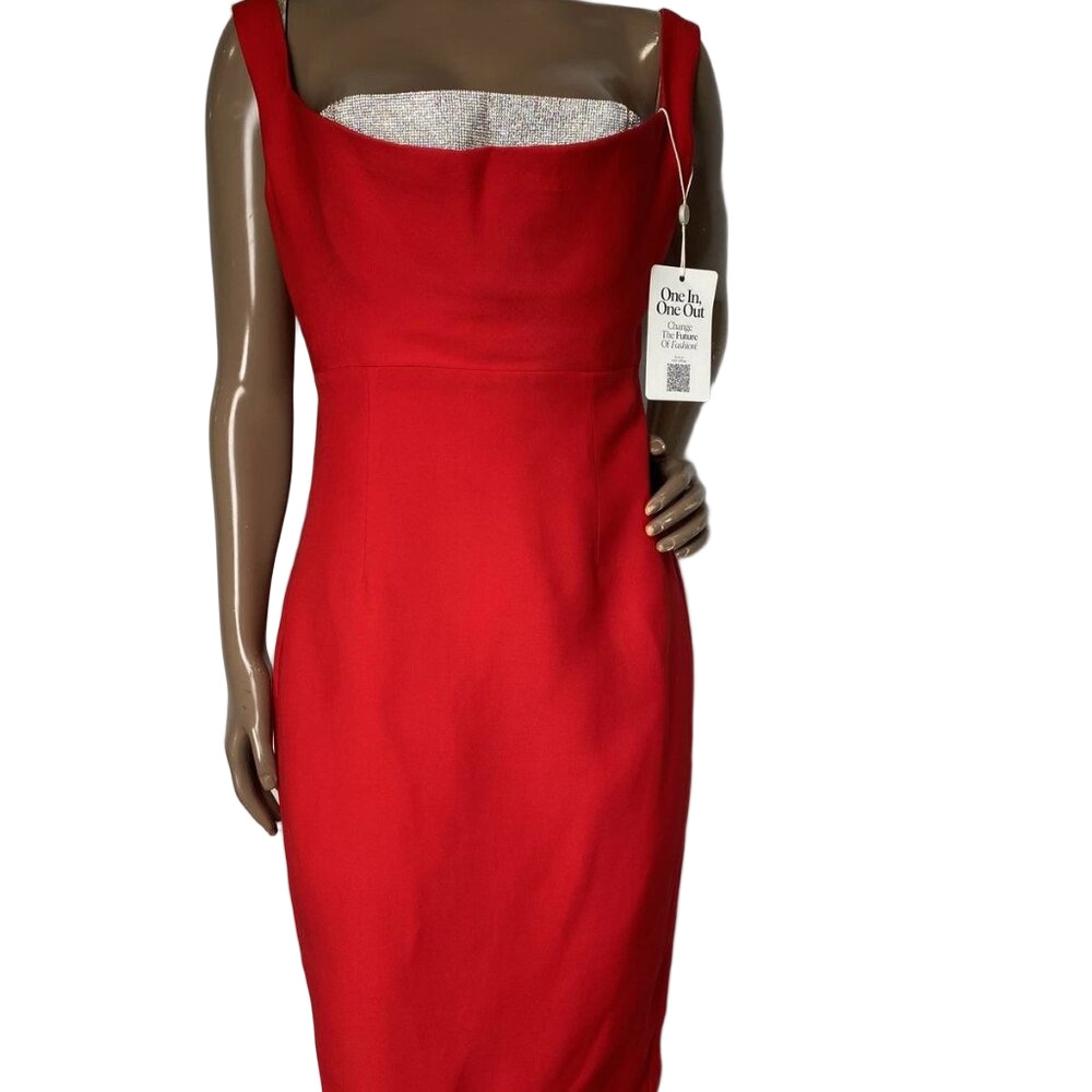 NEW ROLAND MOURET Icy Diamanté Off-Shoulder Midi Dress • Size 8 • Red
